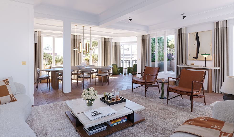 Salón del ático con vistas y decoración de autor