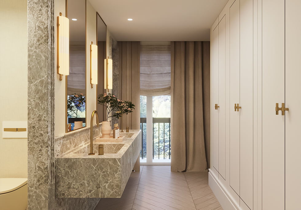 Baño en suite con mármol y latón